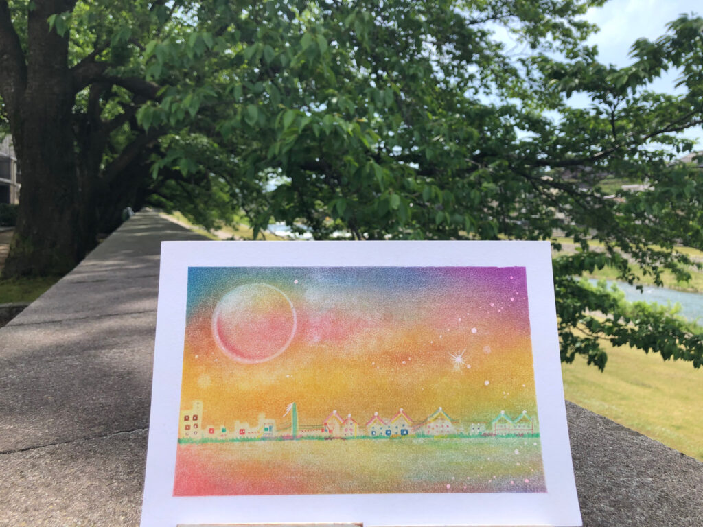 金沢市 犀川 男川 でパステルアートを持って撮影ごっこ 石川県金沢市 桜橋 犀川大橋付近 女性肌お顔そりroom あんおん 金沢